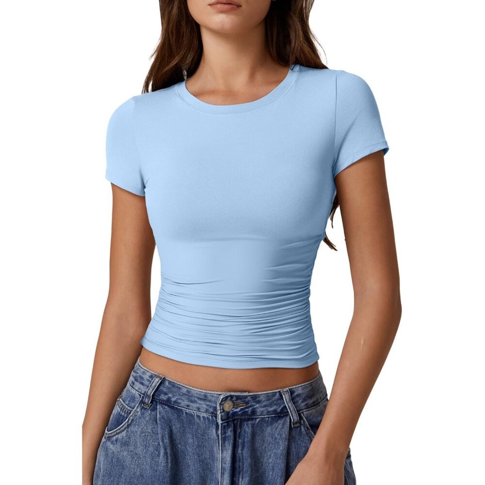 Women's Crop Tops Sky Blue Short Sleeve Classic Round Neck Side Ruched Pleated